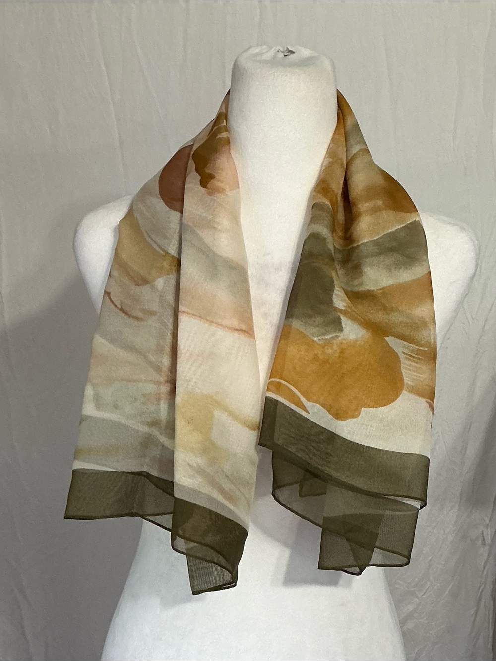 Watercolor Floral Silk-Blend Scarf in Olive and Mustard